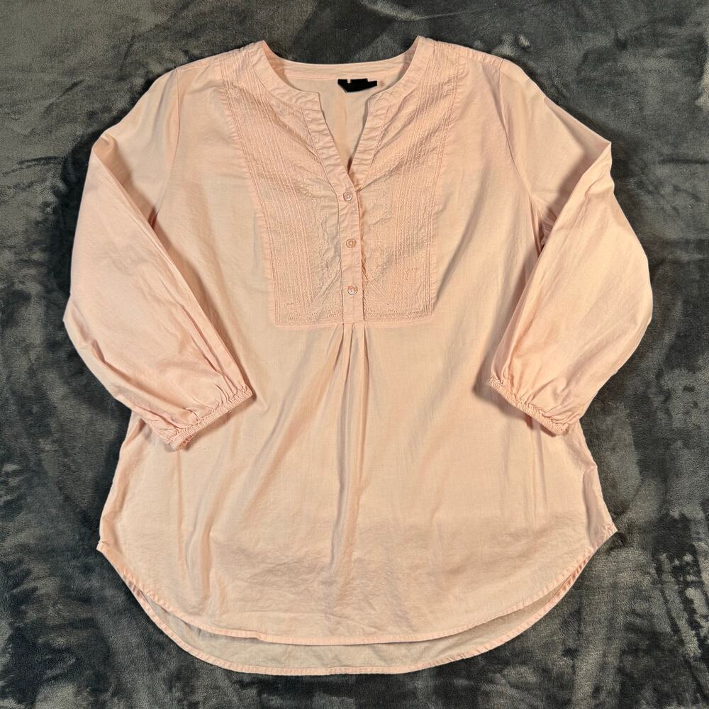 New Directions Petite PM Pink Embroidered Cotton Popover Blouse 3/4 Sleeve